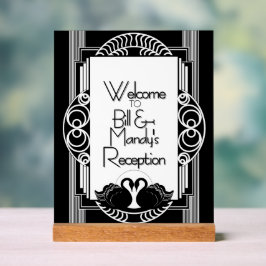 Art Deco Vintage Black and White Swans アクリルサイン