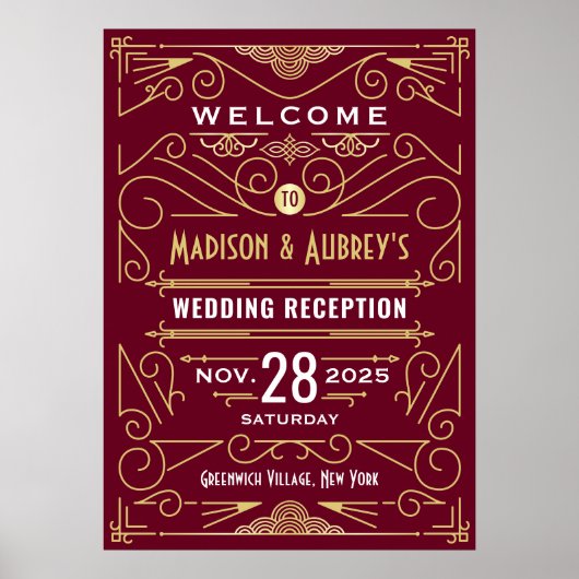 Art Deco Wedding Reception Gold Burgundy Welcome ポスター (正面)