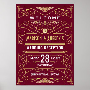 Art Deco Wedding Reception Gold Burgundy Welcome ポスター