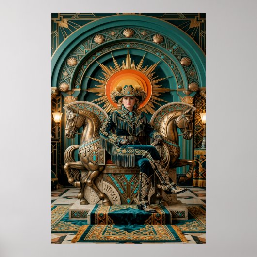 Art Deco Western Cowgirl Queen Throne Gold ポスター (正面)