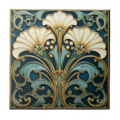 Art Deco White Flower Blue Turquoise Gold タイル (正面)