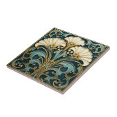 Art Deco White Flower Blue Turquoise Gold タイル (側面)