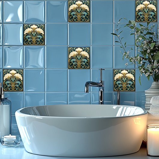 Art Deco White Flower Blue Turquoise Gold タイル