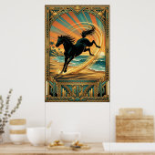 Art Deco Wild Horse Beach Sunset Teal Orange ポスター (キッチン)