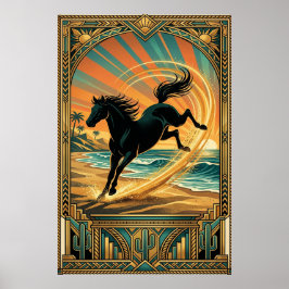 Art Deco Wild Horse Beach Sunset Teal Orange ポスター
