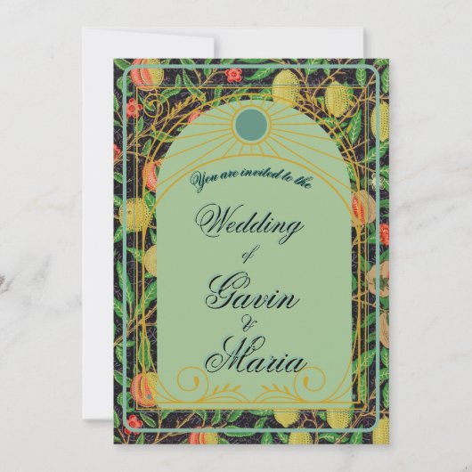 Art Deco William Morris Floral Gold Tone Fruit 招待状 (正面)