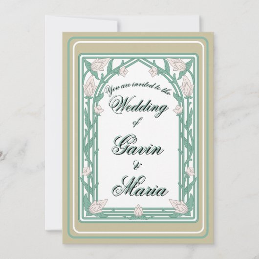 Art Deco William Morris Floral Green Wedding  招待状 (正面)