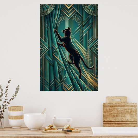 Art Deco Windowsill Black Cat Wall Art ポスター (キッチン)