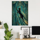 Art Deco Windowsill Black Cat Wall Art ポスター (ホームオフィス)