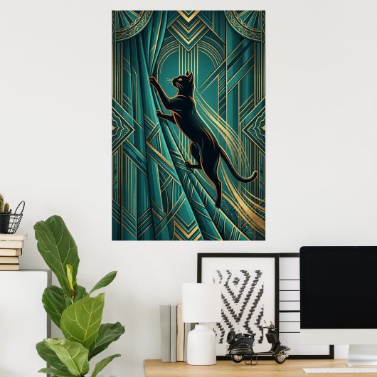Art Deco Windowsill Black Cat Wall Art ポスター (ホームオフィス)
