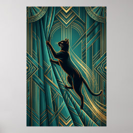 Art Deco Windowsill Black Cat Wall Art ポスター