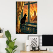 Art Deco Windowsill Gazing Cat Wall Art ポスター (ホームオフィス)