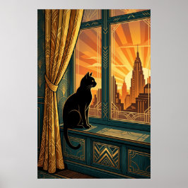Art Deco Windowsill Gazing Cat Wall Art ポスター