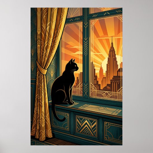 Art Deco Windowsill Gazing Cat Wall Art ポスター (正面)