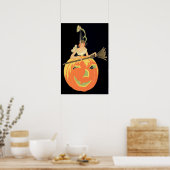 Art Deco Witch Jack O Lantern Pumpkin Broom ポスター (キッチン)