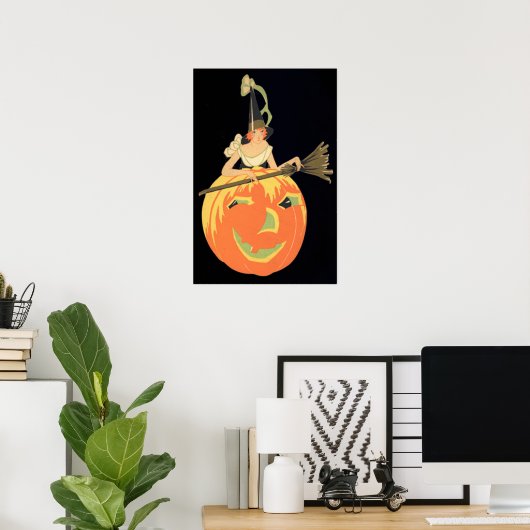 Art Deco Witch Jack O Lantern Pumpkin Broom ポスター (ホームオフィス)