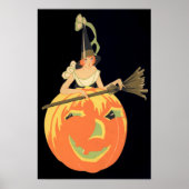 Art Deco Witch Jack O Lantern Pumpkin Broom ポスター (正面)