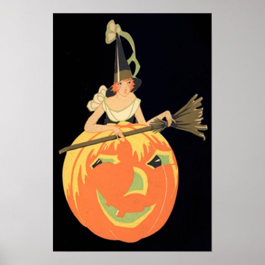 Art Deco Witch Jack O Lantern Pumpkin Broom ポスター (正面)
