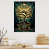 Art Deco Zen Bonsai Tree Mandala Gold Teal Poster ポスター (キッチン)
