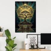 Art Deco Zen Bonsai Tree Mandala Gold Teal Poster ポスター (ホームオフィス)