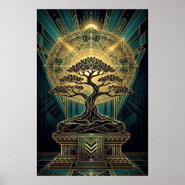 Art Deco Zen Bonsai Tree Mandala Gold Teal Poster ポスター