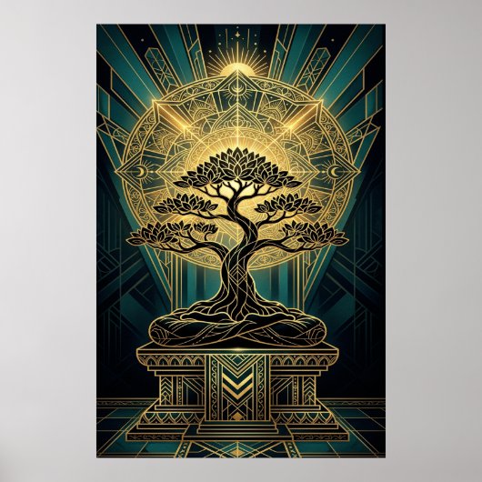 Art Deco Zen Bonsai Tree Mandala Gold Teal Poster ポスター (正面)