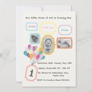 Art Gallery Theme - Pastel 1st Birthday Photo  招待状