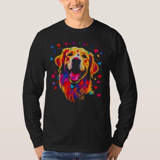 Art Golden Retriever Dog Blue Red Heart Tシャツ (正面)