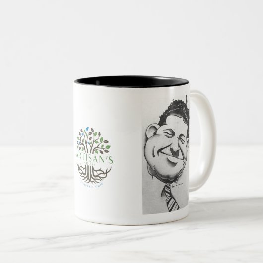 Art Hofmannによる風刺画を施した白黒のマグカップ ツートーンマグカップ (正面右)