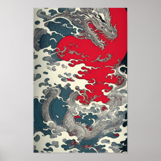 Art Hokusai Die Welle mit Drachen ポスター