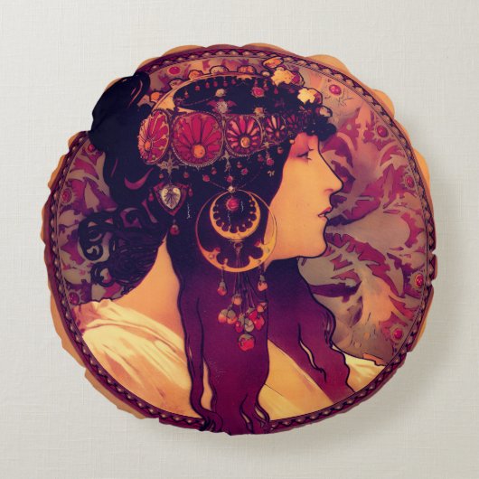 Art nouveau Alphonse Mucha Donna Orechini elegant  ラウンドクッション (正面)