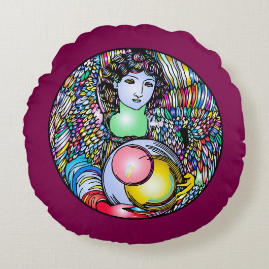 Art Nouveau Angel On Stained Glass ラウンドクッション (正面)