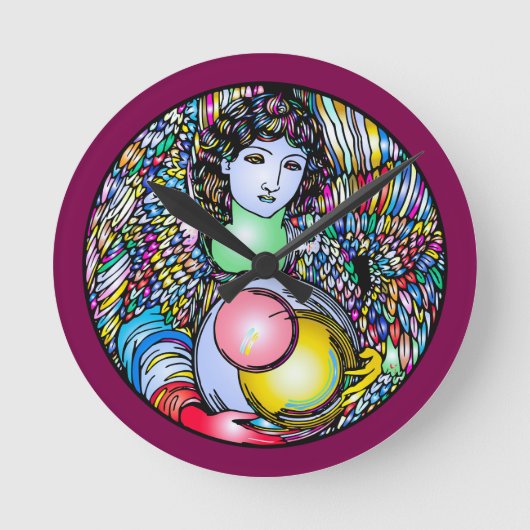 Art Nouveau Angel On Stained Glass ラウンド壁時計 (正面)