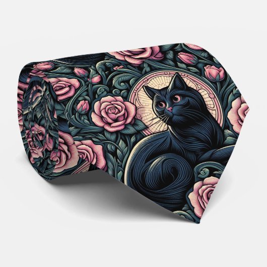 Art Nouveau Art Deco Black Cat with Pink Roses ネクタイ (ロール)