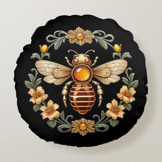 Art Nouveau Bee on Black ラウンドクッション (正面)
