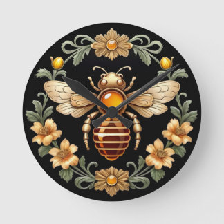 Art Nouveau Bee on Black ラウンド壁時計