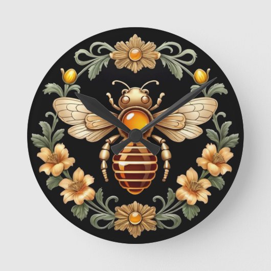 Art Nouveau Bee on Black ラウンド壁時計 (正面)