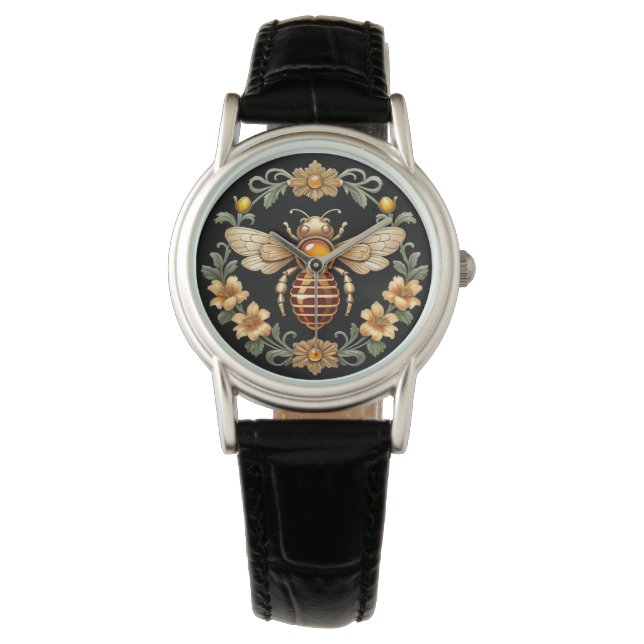 Art Nouveau Bee on Black 腕時計 (正面)