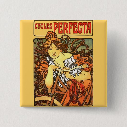Art Nouveau Bicycle Mucha Art 缶バッジ (正面)