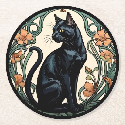 Art Nouveau Black Cat ラウンドペーパーコースター (正面)