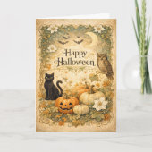 Art Nouveau Black Cat Owl Halloween カード (正面)