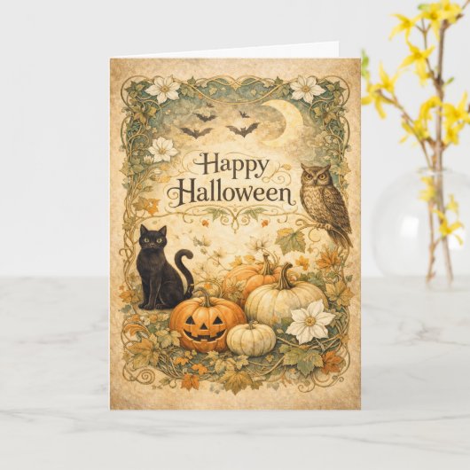 Art Nouveau Black Cat Owl Halloween カード (黄色い花)