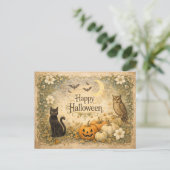Art Nouveau Black Cat Owl Halloween シーズンポストカード (スタンド正面)