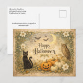 Art Nouveau Black Cat Owl Halloween シーズンポストカード (正面/裏面)