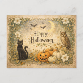 Art Nouveau Black Cat Owl Halloween シーズンポストカード