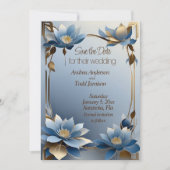 Art nouveau blue and gold lotus flowers wedding セーブザデート (正面)