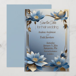 Art nouveau blue and gold lotus flowers wedding セーブザデート