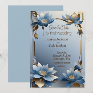 Art nouveau blue and gold lotus flowers wedding セーブザデート