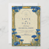 Art Nouveau Blue Cornflower Wedding セーブザデート (正面)