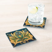 Art Nouveau Blue Floral Coaster ガラスコースター (アングル)